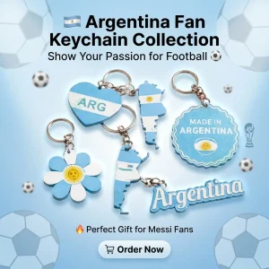 Five different Argentina-themed 3D printed keychain designs (map, heart, flower, round badge, and text cutting). The background features a sky-blue color with football and trophy logos.