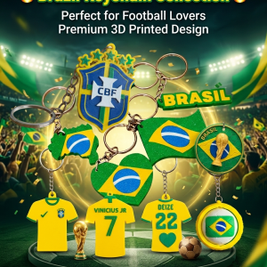 Multiple variations of Brazil football theme 3D printed PLA plus keychains showcased in Bangladesh