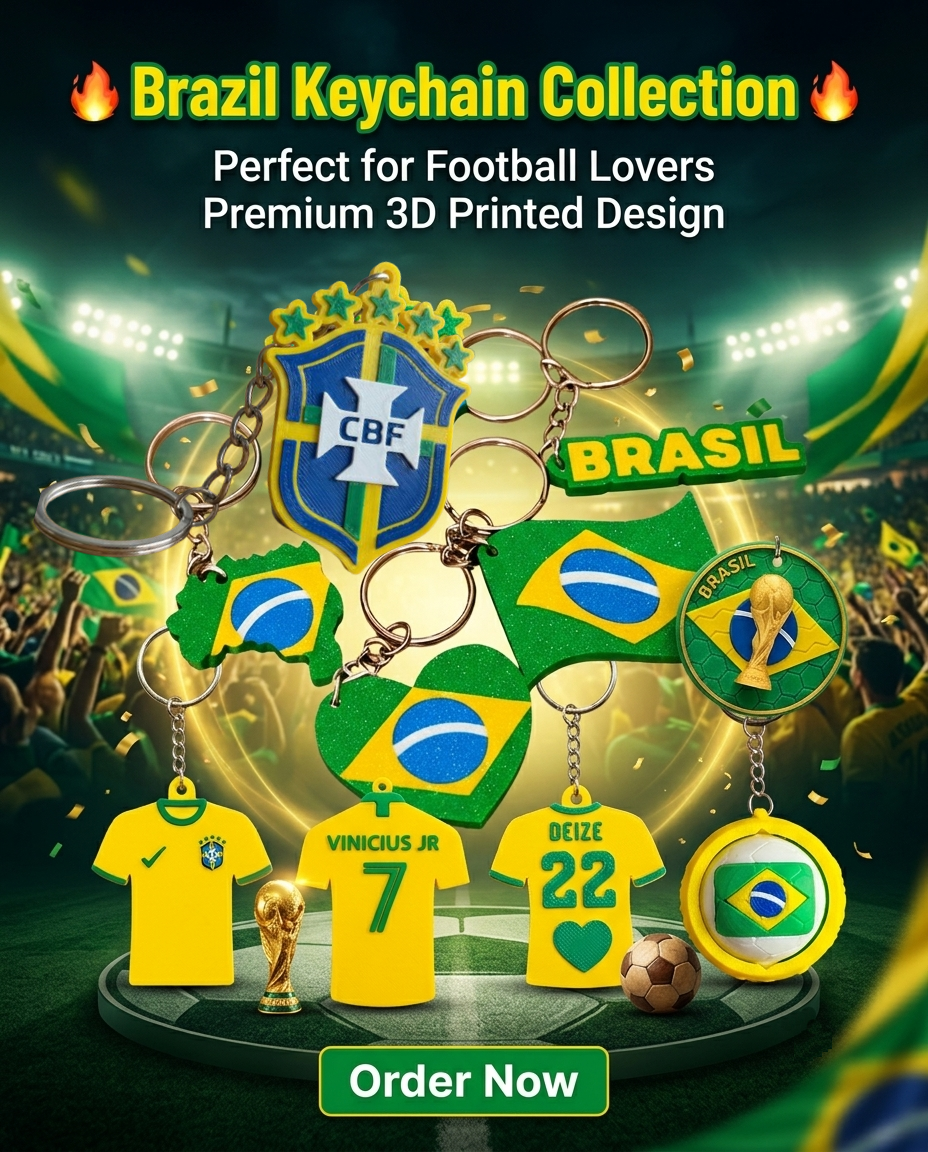 Multiple variations of Brazil football theme 3D printed PLA plus keychains showcased in Bangladesh